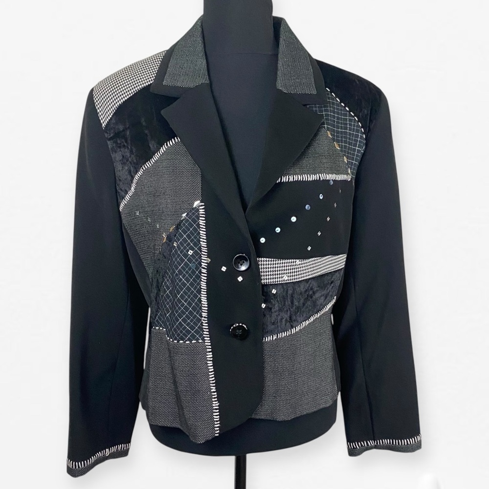 90s 2000s City Girl Patchwork Black and Gray embellished Women's Blazer Jacket M